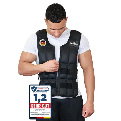 Mann im weißen Shirt schließt schwarze Gewichtsweste, Testsiegel "1,2 sehr gut", weißer Hintergrund