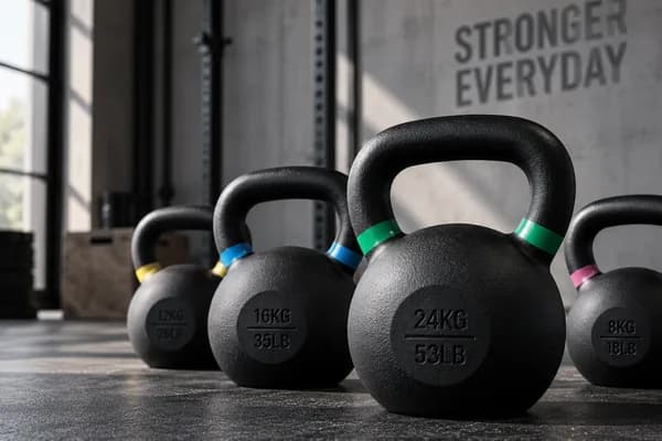 Kettlebell Vergleich mit schwarzen Kettlebells in verschiedenen Gewichten im modernen Fitnessstudio