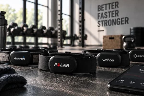 Pulsgurt Vergleich: Garmin, Polar, Wahoo und COROS Herzfrequenz-Brustgurte mit Smartphone und Trainingsdaten im modernen Fitnessstudio